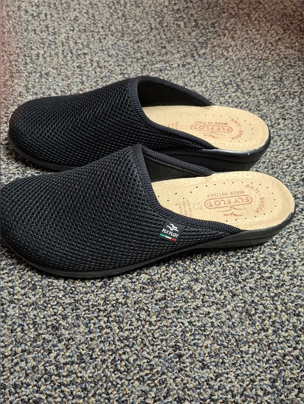 Fly Flot Italian Knit Women's Black Mesh Slip-On Mules Clogs Shoe Size 6.5
